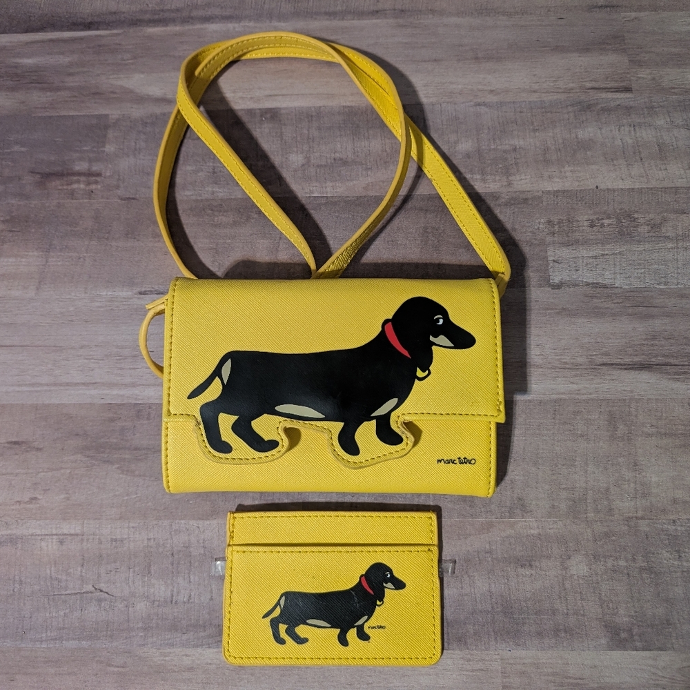 Marc Tetro Yellow Crossbody Bag with Dachshund, Matching Wallet